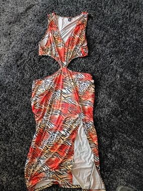 SHEIN Orange Red Animal Print Asymmetrical Cutout Dress